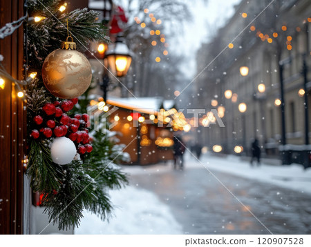 Christmas travel background, winter street with defocused lights 120907528