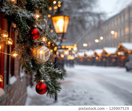 Christmas travel background, winter street with defocused lights 120907529