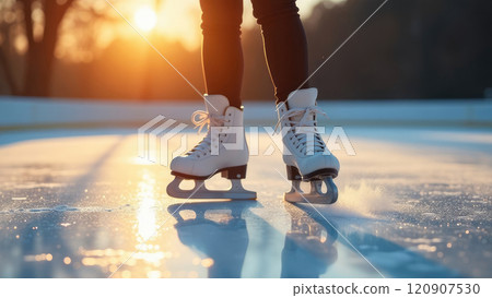 Close-up of a person's legs in black pants and white figure skates gliding on ice at sunset. Concept of winter sports and recreational activity. 120907530
