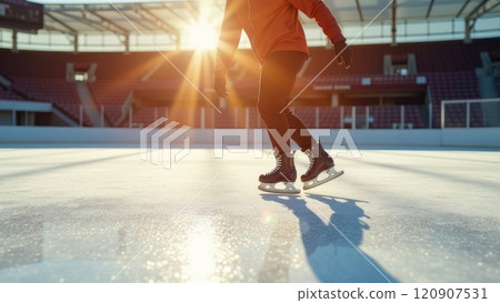 A person ice skates on an outdoor rink with stadium seating in the background, sun creating lens flare. Concept of winter sports and public recreation. 120907531