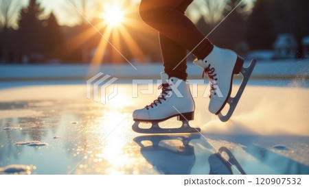 Close-up of a person ice-skating at sunset, with sparkling ice and sun rays visible. Concept of winter sports and recreational activity. 120907532