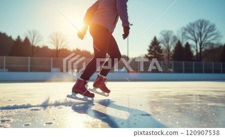 Person ice skating at sunset on an outdoor rink, ice sparkling. Concept of winter sports and outdoor recreation. 120907538
