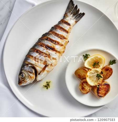 plate of grilled fish and potatoes 120907583