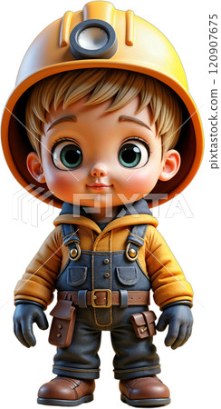 Cartoon miner boy in yellow helmet. 120907675