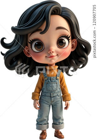Cartoon girl in overalls and turtleneck. 120907705