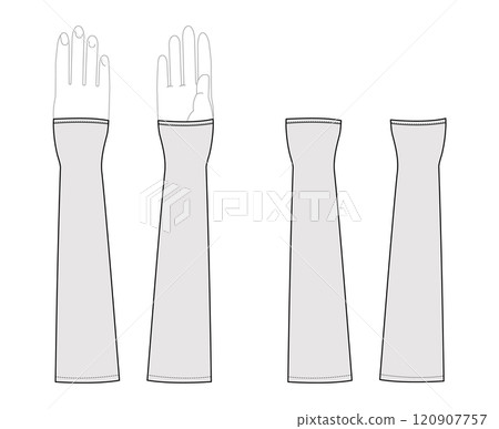 Gauntlets Gloves Elbow length Fashion hand accessory clothing technical illustration garment. Vector front palm back Gauntlets Gloves Elbow length Fashion hand accessory clothing technical illustration garment. Vector front palm back 120907757