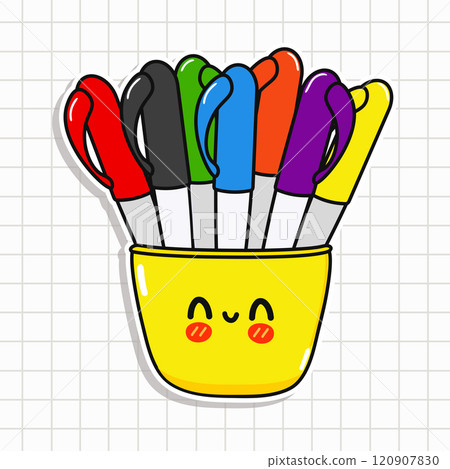Cute funny Multi-colored pens sticker. Vector hand drawn cartoon kawaii character illustration icon. Isolated on background. Multi-colored pens card character concept Cute funny Multi-colored pens sticker. Vector hand drawn cartoon kawaii character illustration icon. Isolated on background. Multi-colored pens card character concept 120907830