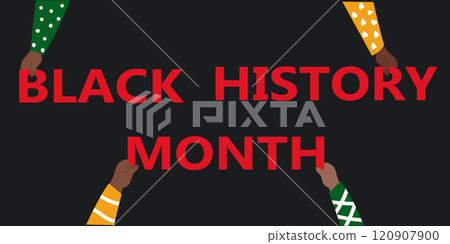Colorful Black History Month banner. African American people holding red text. Celebrated annually in February. 120907900