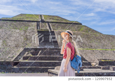 Female tourist exploring Teotihuacan, Mexico. Cultural heritage, ancient ruins, and archaeological adventure concept Female tourist exploring Teotihuacan, Mexico. Cultural heritage, ancient ruins, and archaeological adventure concept 120907932