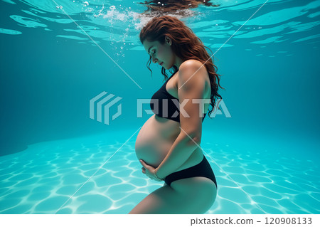Pregnant woman in black swimsuit floating underwater. Pregnant woman in black swimsuit floating underwater. 120908133
