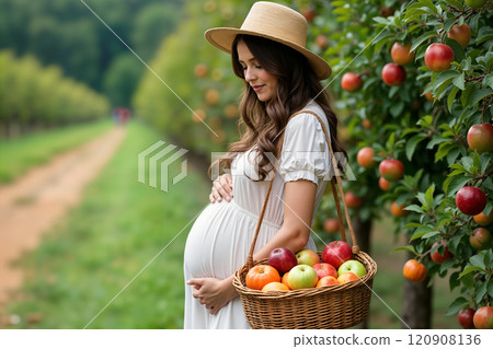 Pregnant woman picking apples in orchard. 120908136