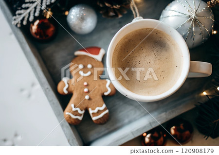 Cup of cocoa with gingerbread near christmas tree view from the top 120908179