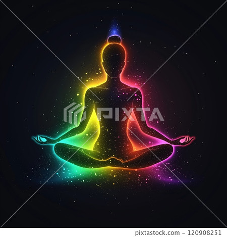 Glowing woman in lotus yoga pose 120908251