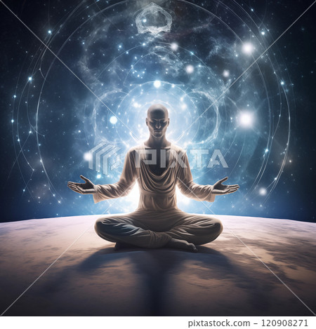 Glowing human in lotus yoga pose 120908271