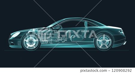 3D transparent view of car showcasing its internal components and innovative design features for optimal performance 120908292
