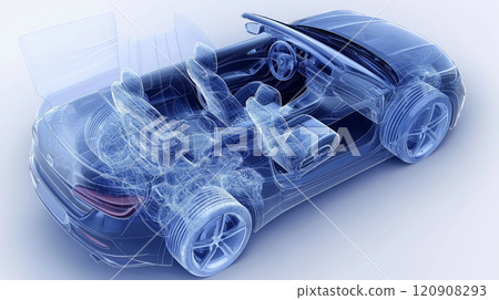 3D transparent view of car showcasing its internal components and innovative design features for optimal performance 120908293