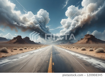 a long new asphalt road going far into the distance, through the desert 120908345