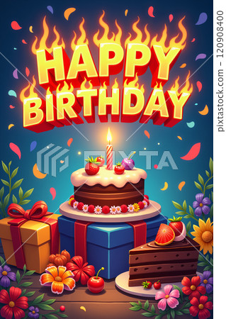 Birthday card with a cake and the message Happy Birthday. 120908400