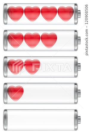 Discharged and fully charged battery with red hearts, lifes. Love battery indicator, from high to low. 3D rendering Discharged and fully charged battery with red hearts, lifes. Love battery indicator, from high to low. 3D rendering 120908506