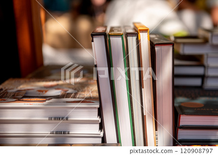 Books on the shelf in the market or bookstore or library. Books on the shelf in the market or bookstore or library. 120908797