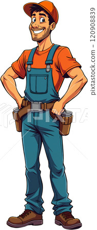 Cartoon man wearing a tool belt and holding tools. 120908839