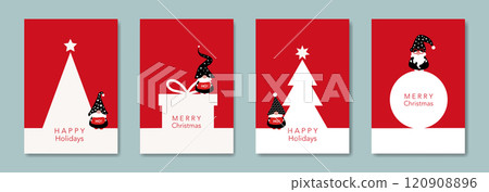 Set Christmas card in modern minimalist geometric style and Scandinavian nordic gnome, elf. Elements for calendar, greetings cards or Happy New Year themed winter holiday invitations red background 120908896