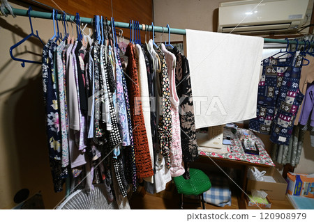 A large amount of women's clothes on hangers 120908979