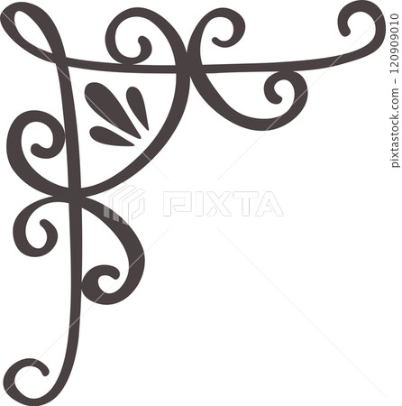 Hand drawn scrollwork creates an elegant and decorative corner element, featuring swirling lines and flourishes in a classic design, suitable for various design projects 120909010