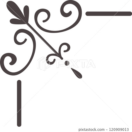 This elegant corner ornament features swirling lines, decorative elements, and leaf like motifs, adding a touch of sophistication and visual appeal to any design project 120909013