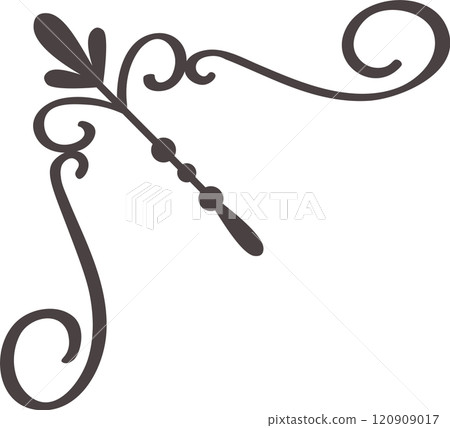 This elegant flourish corner design features intricate swirls, decorative elements, and leaf like motifs, adding a touch of sophistication and vintage charm to any project 120909017