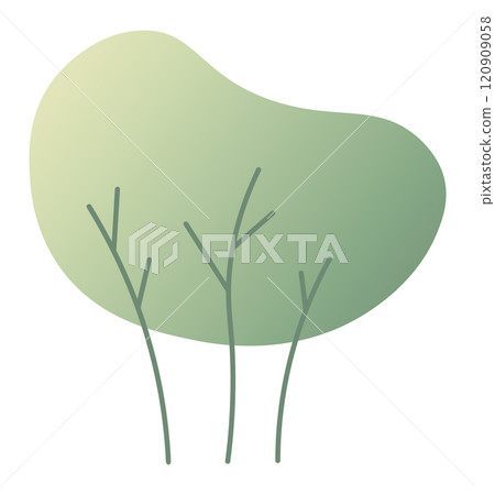 Minimalist illustration of an abstract tree with a green gradient blob representing the foliage and three thin branches growing upwards, symbolizing growth, nature, and simplicity 120909058