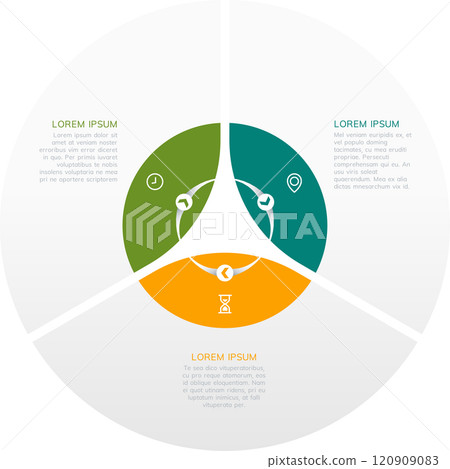 Modern circular infographic design divided into three sections with icons and placeholder text. Ideal for business, marketing, or data visualization presentations 120909083