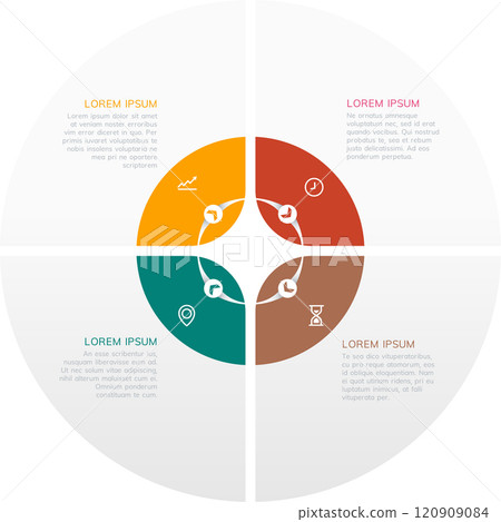 This colorful circular infographic presents data divided into four distinct sections, each featuring unique icons and accompanying text descriptions, ideal for business presentations and reports 120909084