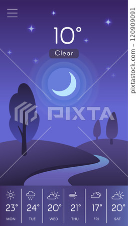 Mobile weather application featuring a clear night sky with a crescent moon, stylized trees, a winding river, and a weekly forecast with varying temperatures 120909091