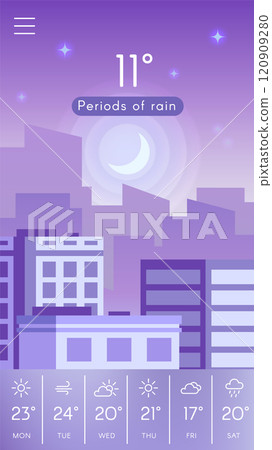 Mobile weather application featuring periods of rain at night, displaying a crescent moon above a cityscape. Weekly forecast provides detailed temperature information for the upcoming days Mobile weather application featuring periods of rain at night, displaying a crescent moon above a cityscape. Weekly forecast provides detailed temperature information for the upcoming days 120909280