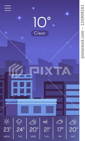 Mobile weather application displaying a clear night sky over a city skyline, providing current temperature and a weekly weather forecast with varying conditions Mobile weather application displaying a clear night sky over a city skyline, providing current temperature and a weekly weather forecast with varying conditions 120909281