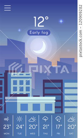 Weather forecast app displaying early fog, 12 degrees celsius, a crescent moon over city skyline at night, with weekly forecast showing varying weather conditions Weather forecast app displaying early fog, 12 degrees celsius, a crescent moon over city skyline at night, with weekly forecast showing varying weather conditions 120909282