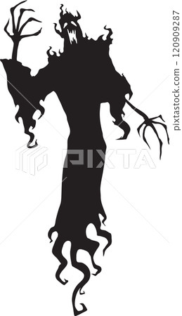 Spooky black silhouette of a screaming halloween ghost with fiery contours, floating in the air with arms raised and tattered robe, creating a creepy and eerie atmosphere Spooky black silhouette of a screaming halloween ghost with fiery contours, floating in the air with arms raised and tattered robe, creating a creepy and eerie atmosphere 120909287