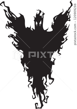 Black silhouette of a terrifying flying demon with large wings spreading fear, creating a spooky and eerie atmosphere perfect for halloween or horror themed projects Black silhouette of a terrifying flying demon with large wings spreading fear, creating a spooky and eerie atmosphere perfect for halloween or horror themed projects 120909288
