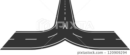 Straight highway splitting in two different curved roads, representing a choice, a dilemma, a new opportunity or a change of plans in business and life 120909294