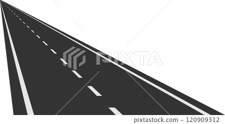 Long straight empty highway road leading into the distance on a white background, representing concepts such as travel, journey, destination, and future Long straight empty highway road leading into the distance on a white background, representing concepts such as travel, journey, destination, and future 120909312