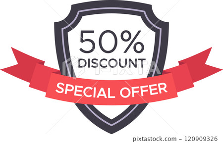 Offering a vibrant 50 percent discount highlighted by a striking red ribbon and shield, promoting an effective marketing strategy for sales and clearance events in retail 120909326
