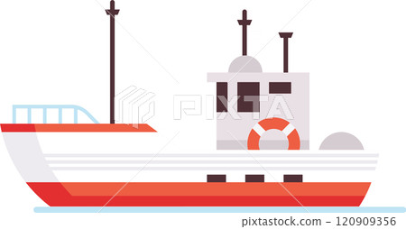 Red and white fishing boat floating on calm water, featuring a life preserver, antennas, and a minimalist design, ideal for representing maritime industries or seafaring activities 120909356