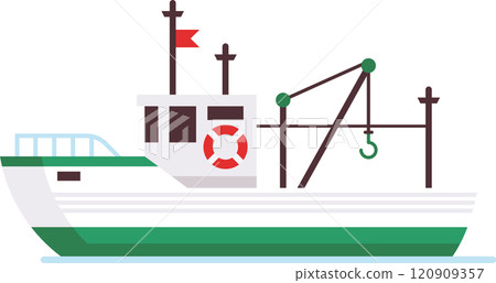 Small fishing boat floating on the water, featuring a crane equipped with a hook, designed for fishing activities, showcasing a minimalist and colorful aesthetic 120909357