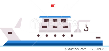 Fishing boat floating on water with crane and hook, featuring a red flag, windows, and blue and white color scheme, representing commercial fishing and maritime industries 120909358