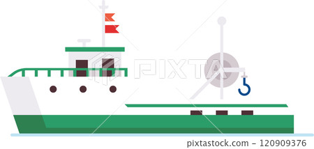 Fishing boat with winch, hook and red flags floating on the water, side view of a commercial fishing vessel used for catching fish in the ocean 120909376