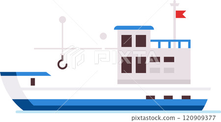 Fishing boat floating on water with crane and red flag, featuring a minimalist design with blue and white color scheme, ideal for maritime industry, fishing, and transportation concepts 120909377