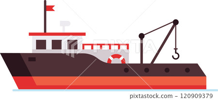 Modern fishing boat floating on water, featuring a crane with hook, red flag, lifebuoy, and navigation equipment, representing commercial fishing industry and maritime activities 120909379