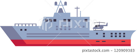 Modern warship sailing across ocean waters, featuring a helicopter stationed on deck, symbolizing naval power, maritime security, and military operations conducted at sea 120909383
