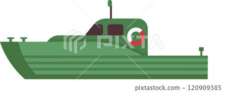 Green military patrol boat sailing on water, ensuring safety and security of coastal areas, equipped with navigation and safety features, ready for maritime operations Green military patrol boat sailing on water, ensuring safety and security of coastal areas, equipped with navigation and safety features, ready for maritime operations 120909385